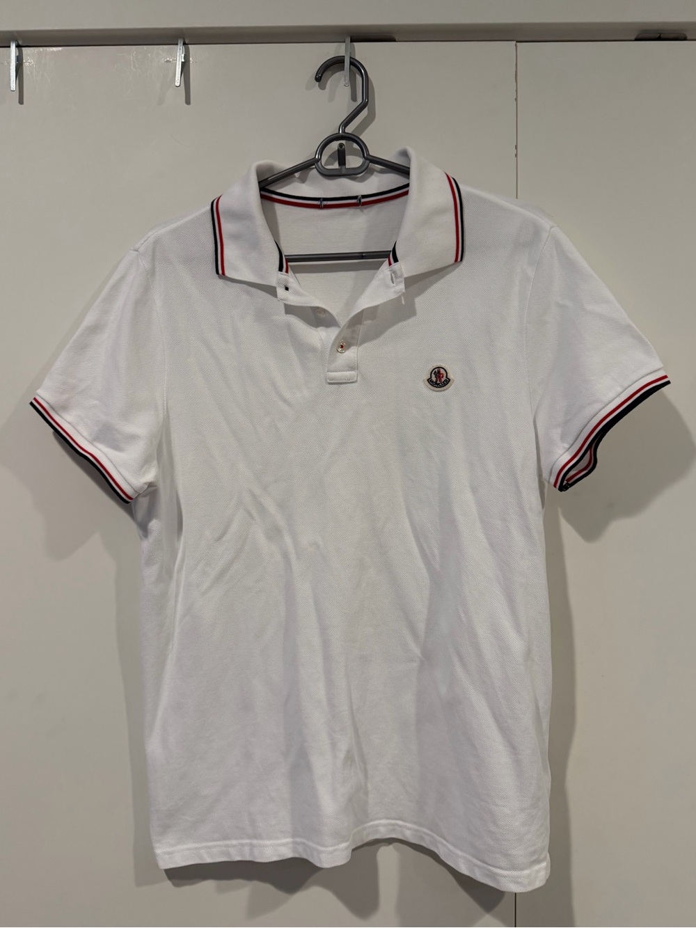 Moncler White Polo with Red and Navy Stripe Trim